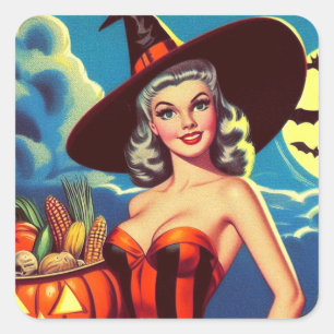 Retro-Halloween-Hexen-Pin-up Quadratischer Aufkleber