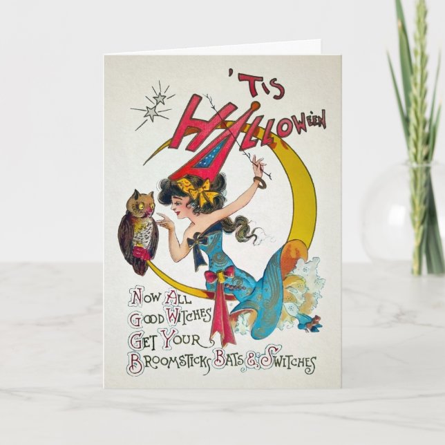 Retro Halloween Hexenkarte Feiertagskarte (Vorderseite)