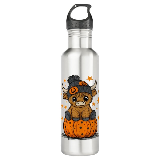 Retro Halloween Highland Cow Edelstahlflasche (Vorderseite)