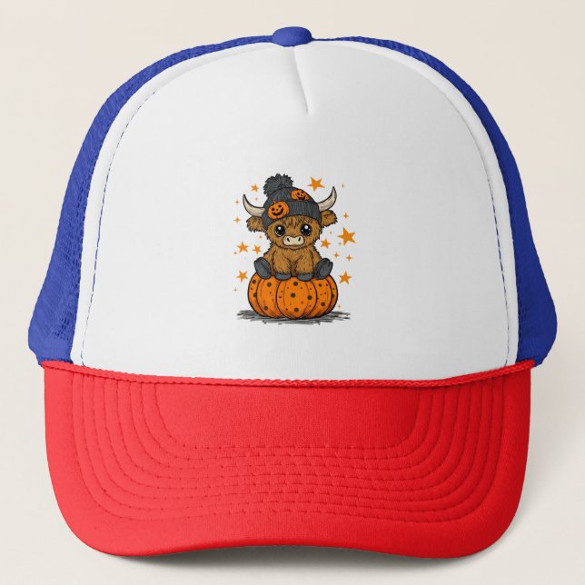 Retro Halloween Highland Cow Truckerkappe (Vorderseite)