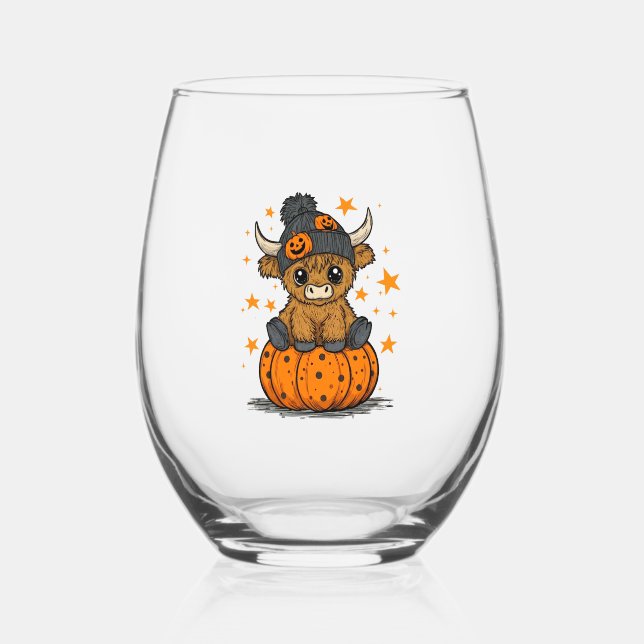 Retro Halloween Highland Cow Weinglas Ohne Stiel (Vorderseite)