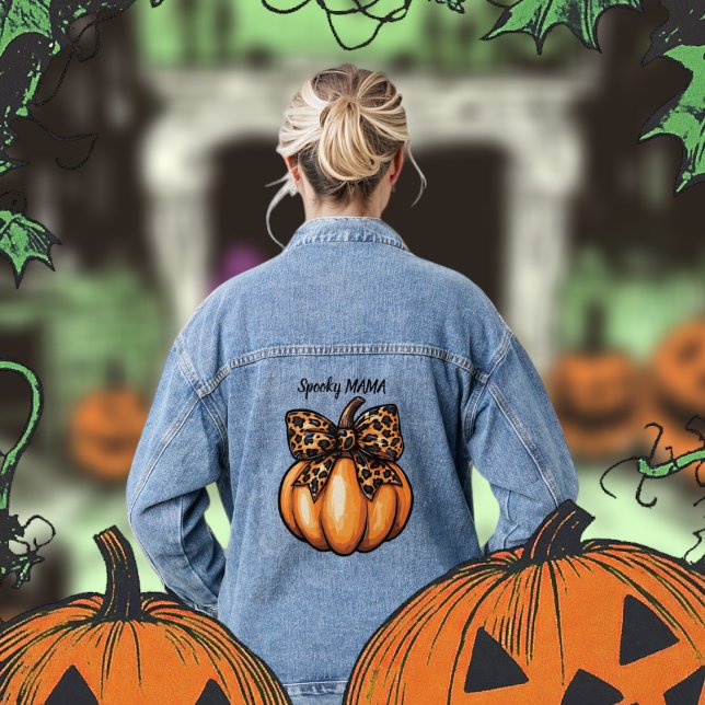 Retro Halloween Leopart Pumpkin Bow Coquette Jeansjacke (Retro Halloween Leopart Pumpkin Bow Coquette Denim Jacket)