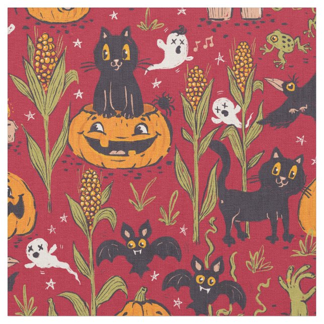 Retro Halloween Muster im Vintagen Cartoon Stil. Stoff (Nahaufnahme)