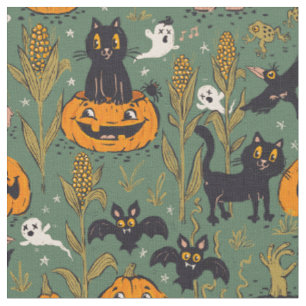 Retro Halloween Muster im Vintagen Cartoon Stil. Stoff