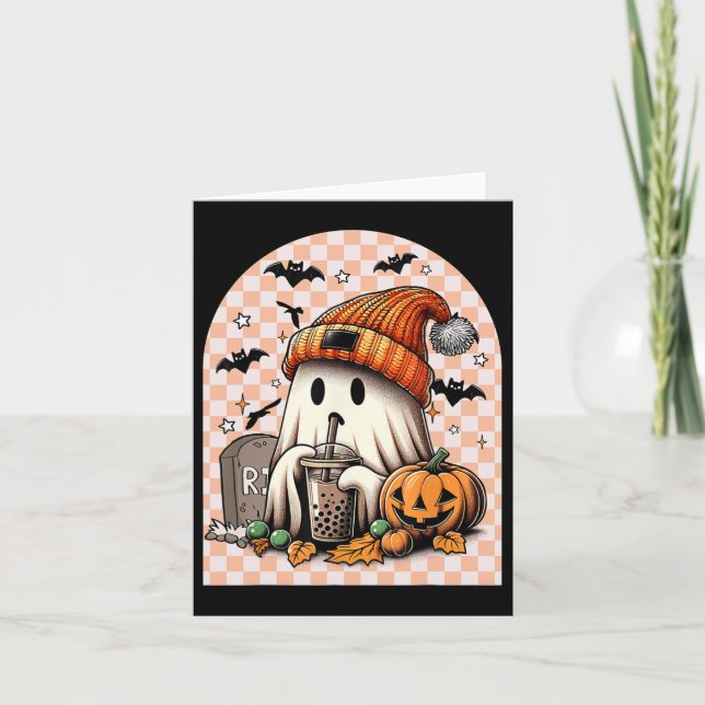 Retro Halloween Niedlich Ghost Drink Kaffee Pumpki Karte (Vorderseite)