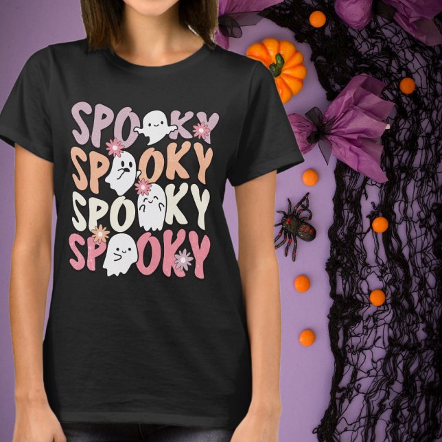 Retro Halloween Niedliche Geister und Blume Spooky T-Shirt (Von Creator hochgeladen)