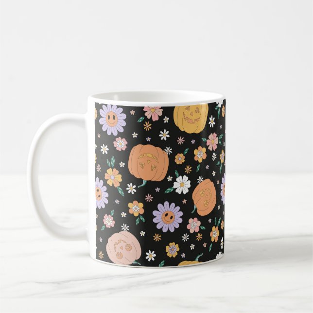 Retro Halloween Pumpkins und Blume Muster Kaffeetasse (Links)