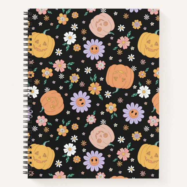 Retro Halloween Pumpkins und Blume Muster Notizbuch (Vorderseite)