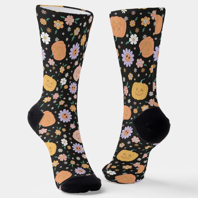 Retro Halloween Pumpkins und Blume Muster Socken (Gewinkelt)