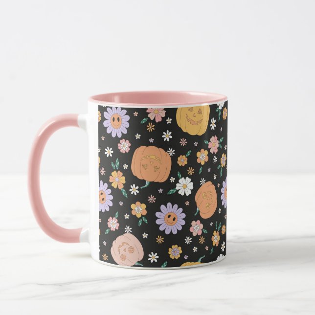 Retro Halloween Pumpkins und Blume Muster Tasse (Links)
