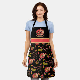 Retro-Halloween-Schürze mit Katzenhexe und Kürbis Schürze
