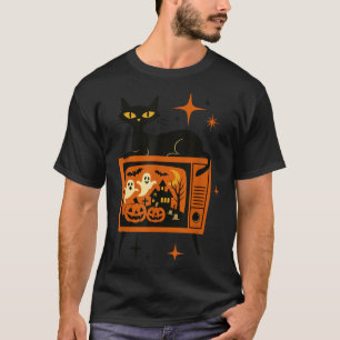 Retro Halloween schwarze Katze TV Geist Kürbis Vin T-Shirt