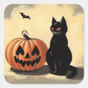 Retro-Halloween-Schwarze Katze und Kürbis Quadratischer Aufkleber