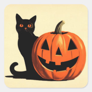 Retro-Halloween-Schwarze Katze und Kürbis Quadratischer Aufkleber