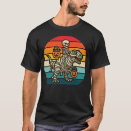 Retro Halloween Skeleton Riding Mummy T-Rex T-Shirt