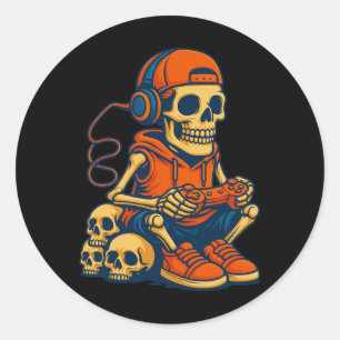 Retro Halloween Skelett Gamer Videospiel Jungen M Runder Aufkleber
