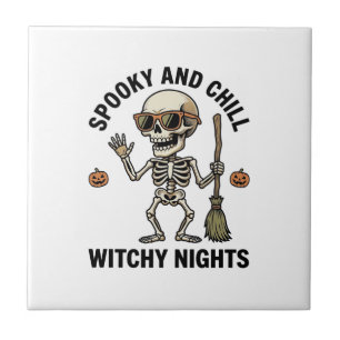 Retro-Halloween-Skelett-Gravur Hexenbesen-Shirt Fliese