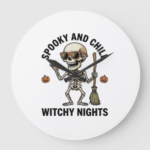 Retro-Halloween-Skelett-Gravur Hexenbesen-Shirt Große Wanduhr