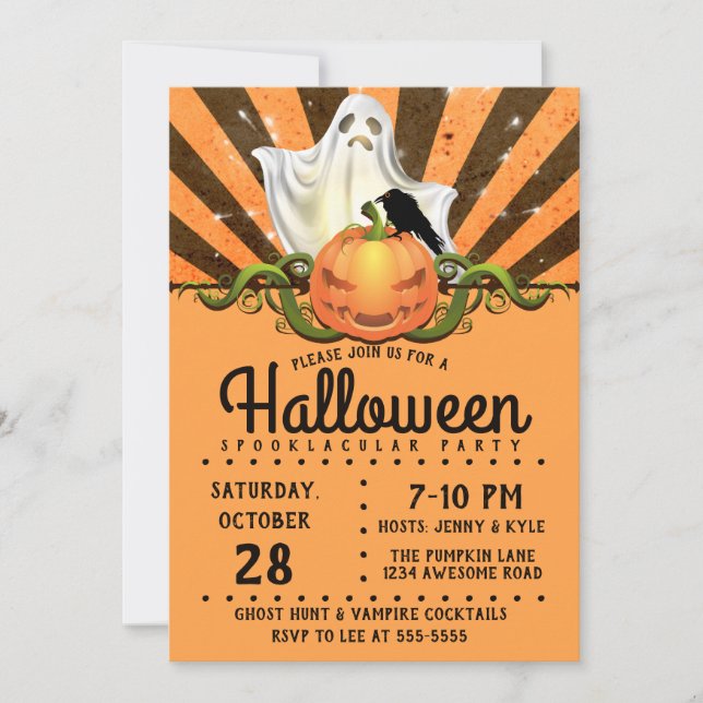 Retro-Halloween-Strahlen, Kürbislaterne Geist Einladung (Vorderseite)