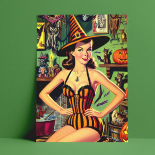 Retro-Halloween süße Hexe Pinup Postkarte