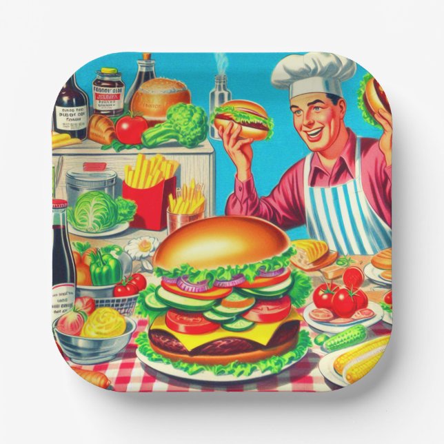 Retro Hamburger Comic Illustration Pappteller (Vorderseite)