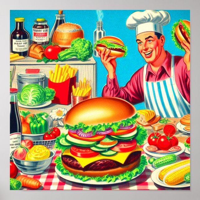 Retro Hamburger Comic Illustration Poster (Vorne)