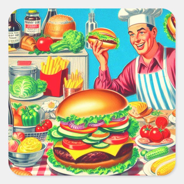 Retro Hamburger Comic Illustration Quadratischer Aufkleber (Vorderseite)