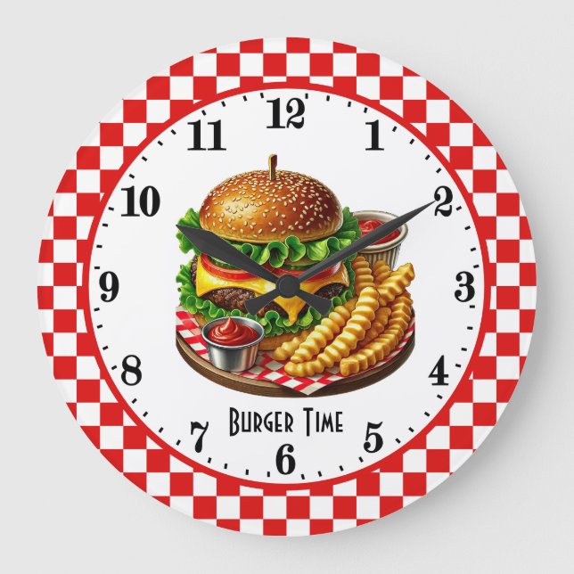 Retro-Hamburger-Pommes Frites 50er-Diner Große Wanduhr (Vorderseite)