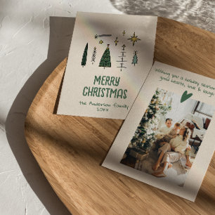 Retro Hand bemalt Gezeichnet Grüne Weihnachtsbaume Feiertagskarte