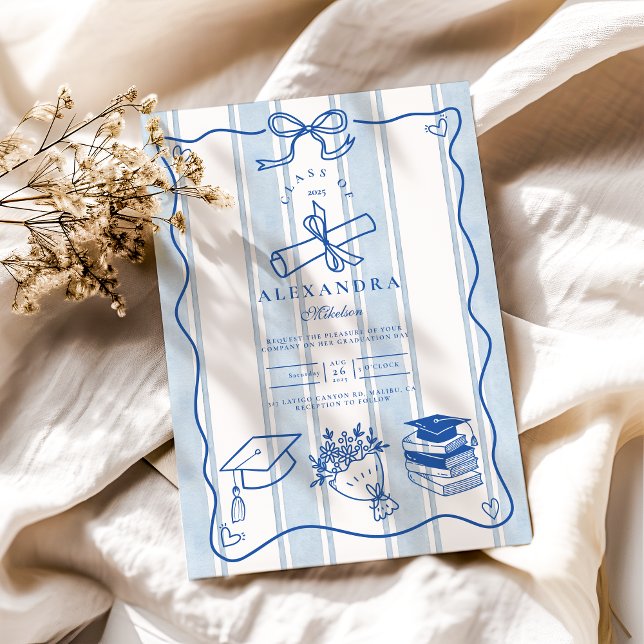 Retro Hand Drawn Blue Abschluss Einladung (Von Creator hochgeladen)