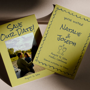 Retro Hand Drawn Blue Green Funky Foto Wedding Save The Date