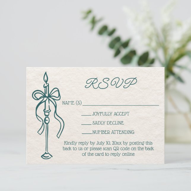 Retro Hand Drawn Bow Aquamarin Wedding Website QR  RSVP Karte (Stehend Vorderseite)
