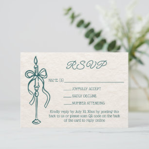 Retro Hand Drawn Bow Aquamarin Wedding Website QR RSVP Karte