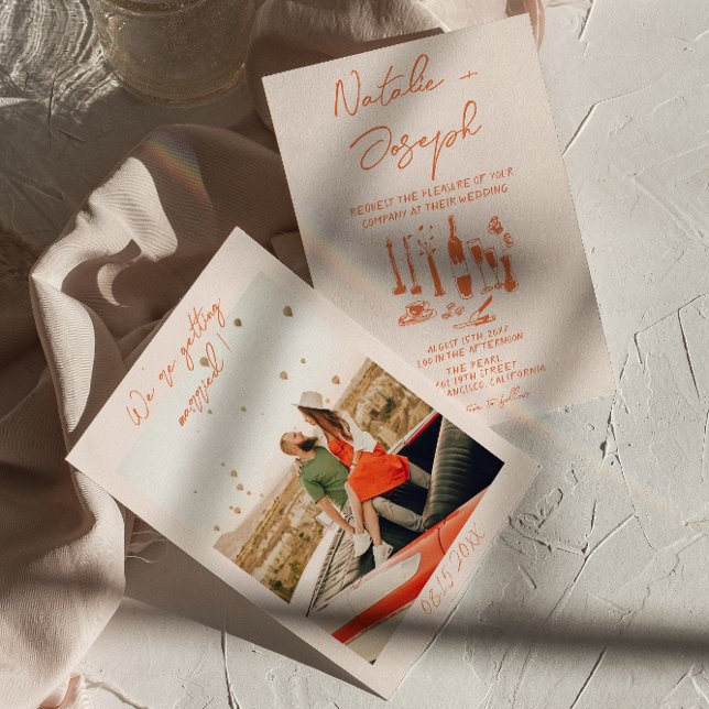 Retro Hand Drawn Bright farbenfrohe Fun Foto Hochz Einladung (Von Creator hochgeladen)