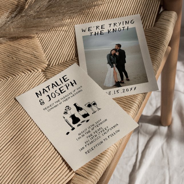 Retro Hand Drawn Champagne Quirky Foto Hochzeit Einladung (Von Creator hochgeladen)