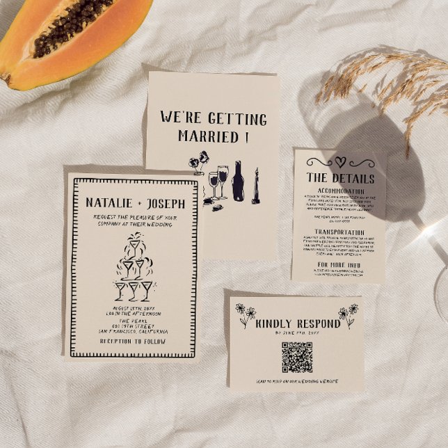 Retro Hand Drawn Champagner Tower Altes Geld Hochz Einladung (Von Creator hochgeladen)