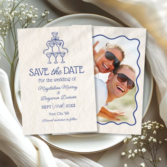 Retro Hand Drawn Champagner Tower Foto Hochzeit Save The Date (Von Creator hochgeladen)