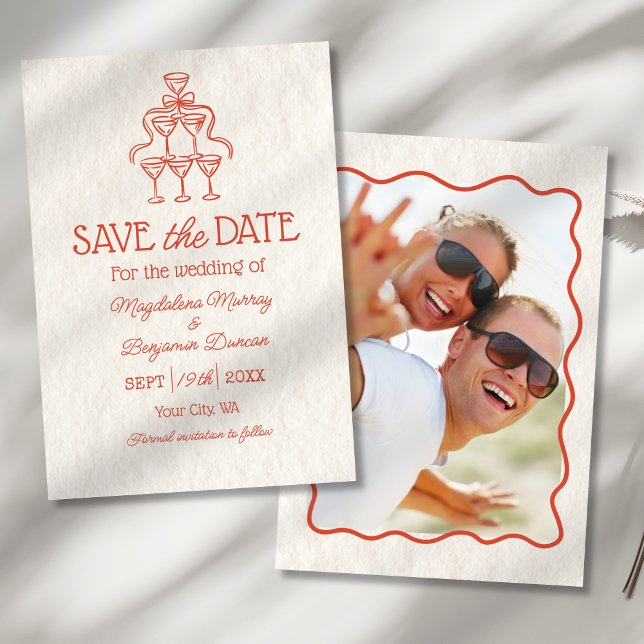 Retro Hand Drawn Champagner Tower Foto Hochzeit Save The Date (Von Creator hochgeladen)