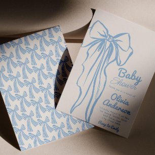 Retro Hand Drawn Dusty Blue Bow Boy Baby Dusche Einladung