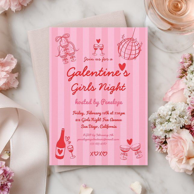 Retro Hand Drawn Galentine's Girls Night Party Einladung (Von Creator hochgeladen)