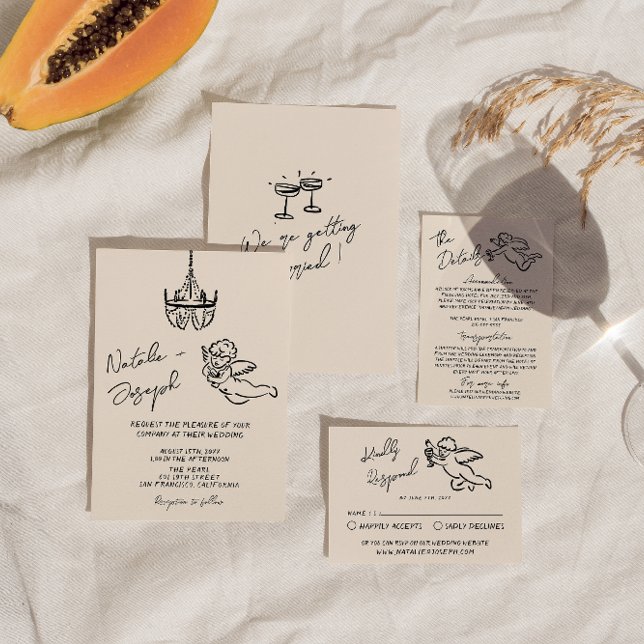 Retro Hand Drawn geschrieben Cupid Quirky Hochzeit Einladung (Von Creator hochgeladen)