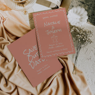 Retro Hand Drawn geschrieben Koral Funky Fun Weddi Save The Date