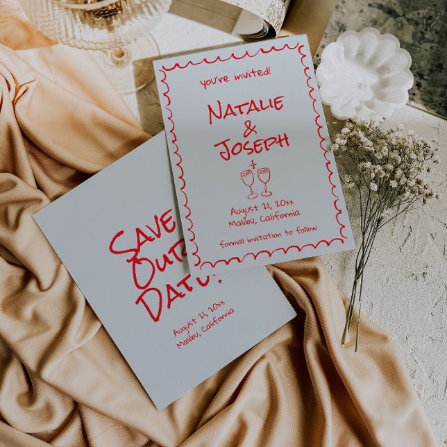 Retro Hand Drawn geschrieben Red Quirky Funky Wedd Save The Date (Von Creator hochgeladen)