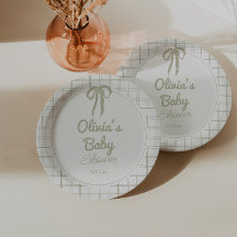 Retro Hand Drawn Green Bow Gingham Baby Shower