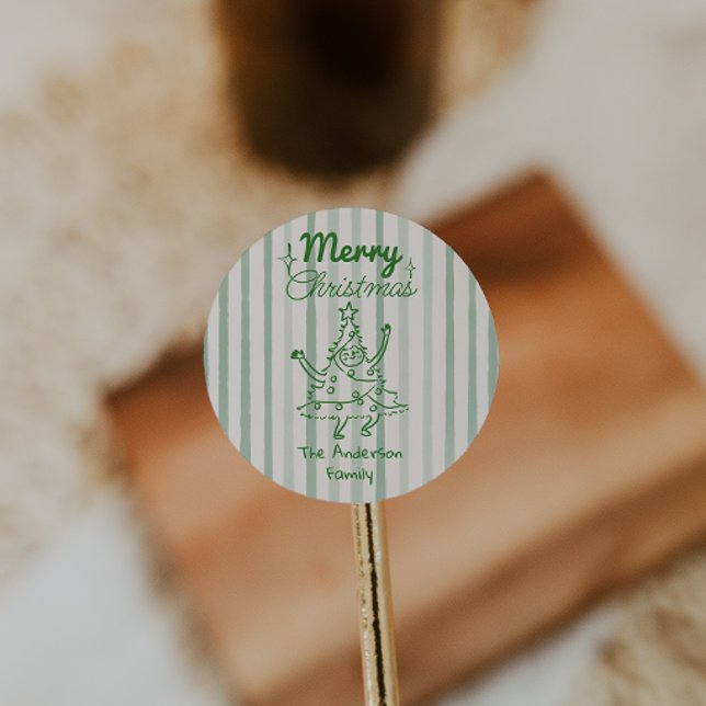 Retro Hand Drawn Green Funny Christmas Tree  Runder Aufkleber (Von Creator hochgeladen)