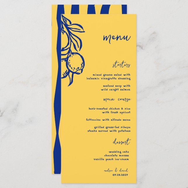 Retro Hand Drawn Handwritten Blue Italian Wedding Menükarte (Vorne/Hinten)