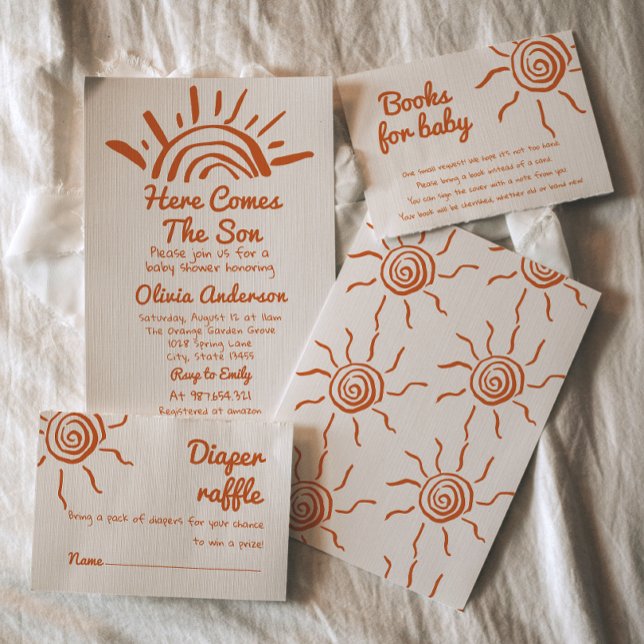 Retro Hand Drawn kommt hier die Son Baby Dusche Einladung (Von Creator hochgeladen)