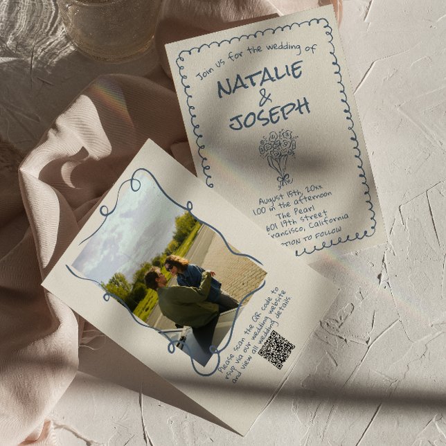 Retro Hand Drawn Navy QR Code Foto Hochzeit Einladung (Von Creator hochgeladen)