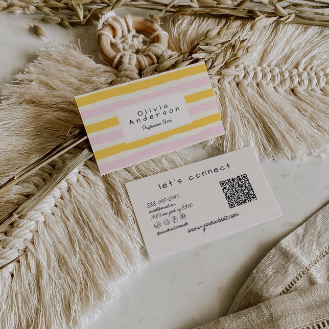 Retro Hand Drawn Pink Yellow Stripes QR Code Boho Visitenkarte (Von Creator hochgeladen)