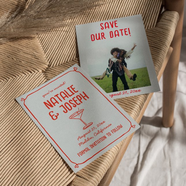 Retro Hand Drawn Red Blue Cocktail Foto Hochzeit Save The Date (Von Creator hochgeladen)